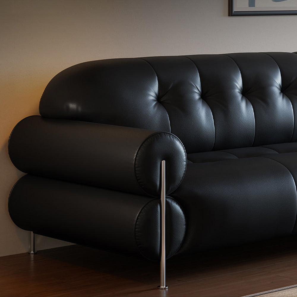 Modern Black Tufted Leather Sofa Minimalist Deep Seat Couch with Sculptural Armrests