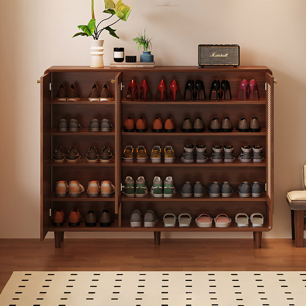Mid-Century Rattan Shoe Cabinet with 2 Doors Walnut Wood Entryway Storage Organizer with Open Shelf