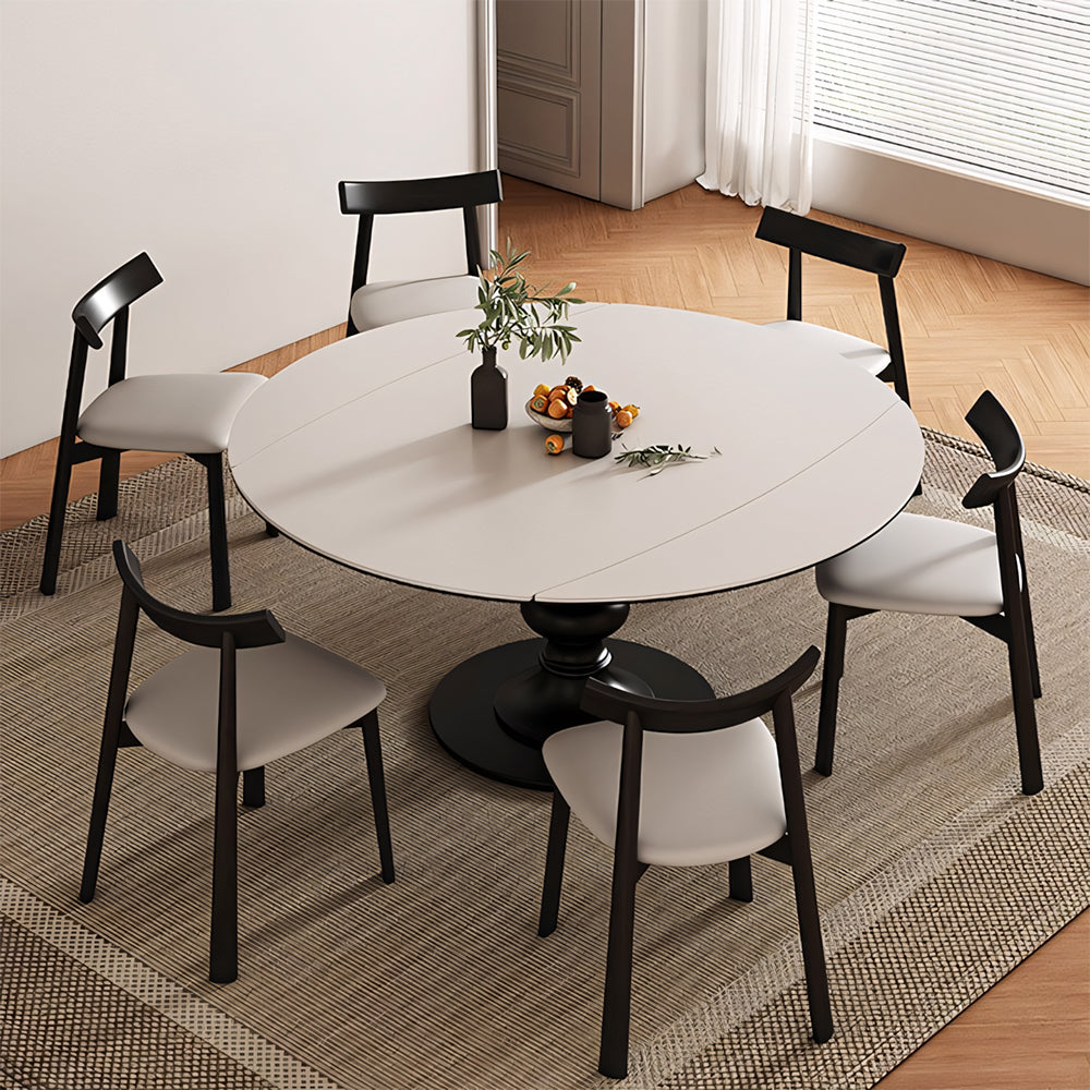 Extendable Round Dining Table Solid Wood Base Sintered Stone Top Convertible Oval Table Space Saving Expandable Dining Table