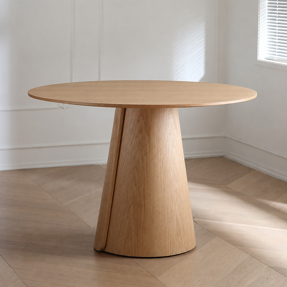 Modern Round Dining Table with Walnut Veneer Top & Travertine-Inspired Pedestal Base