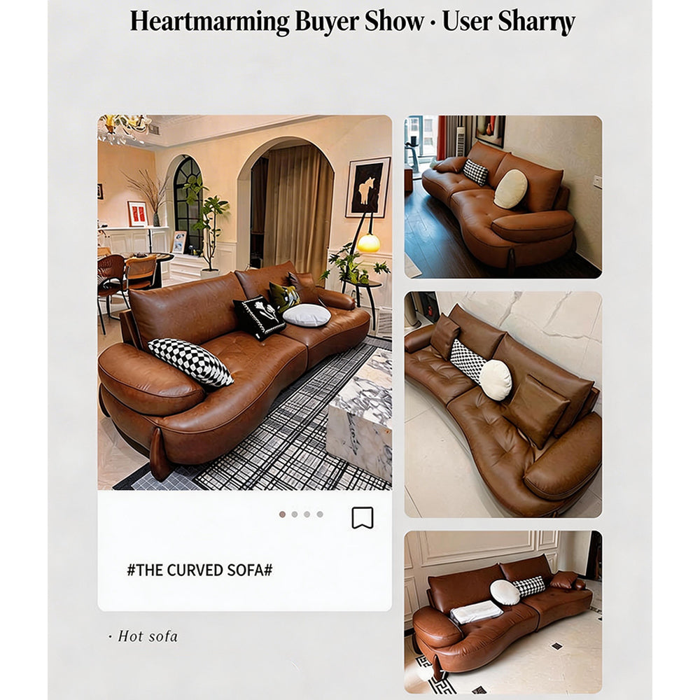 Modern Curved Leather Sofa Camel Upholstery Low Profile Contemporary Lounge Design