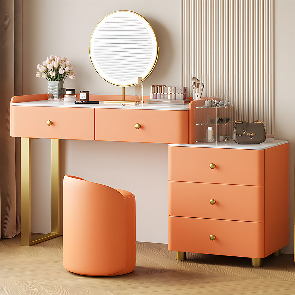 Modern White Vanity Desk with Mirror and Drawers Makeup Dressing Table with Storage Cabinet and Stool