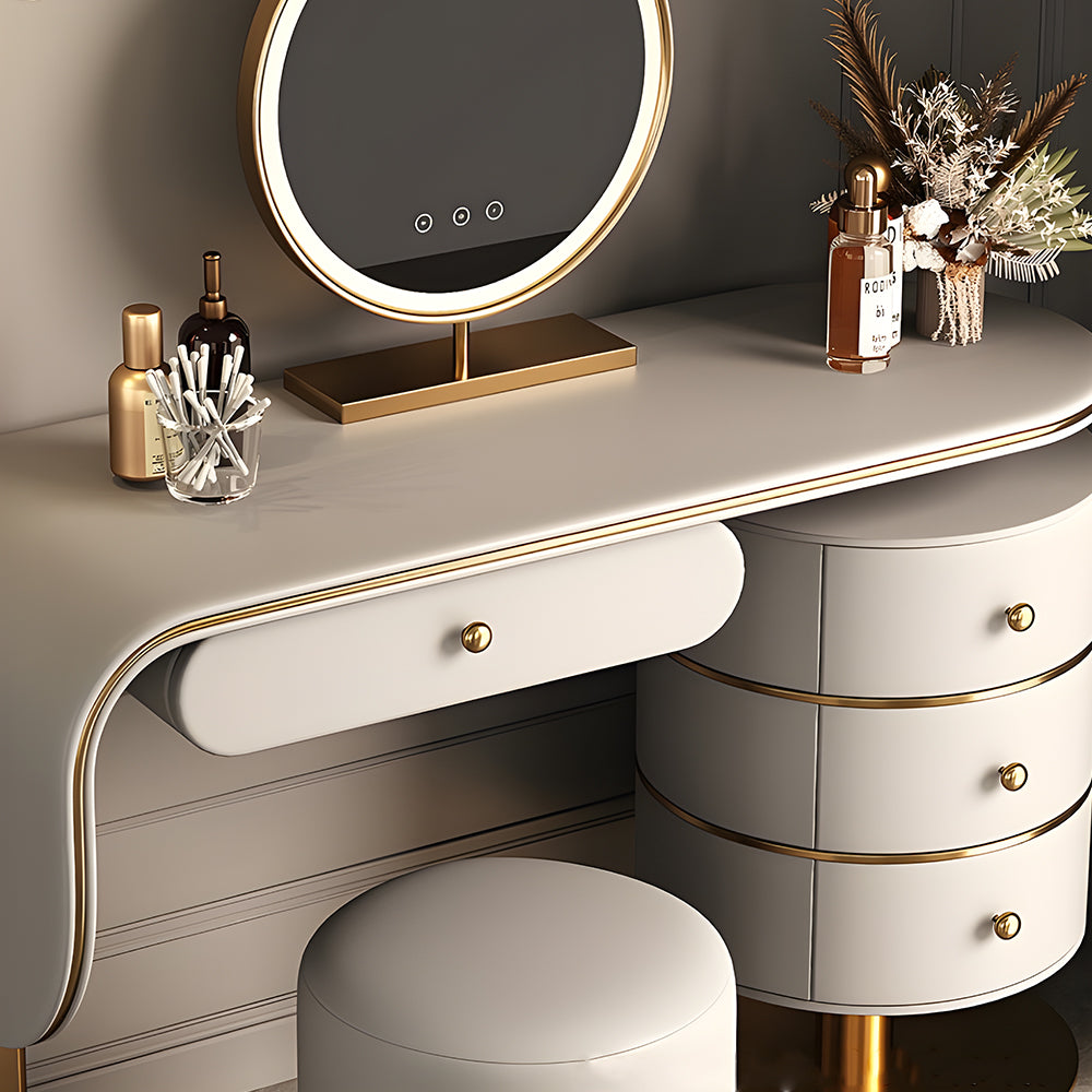 47.2'' Modern Luxury Vanity Desk with Round Mirror Cream Finish Makeup Table with Storage Drawers and Gold Base with Stool