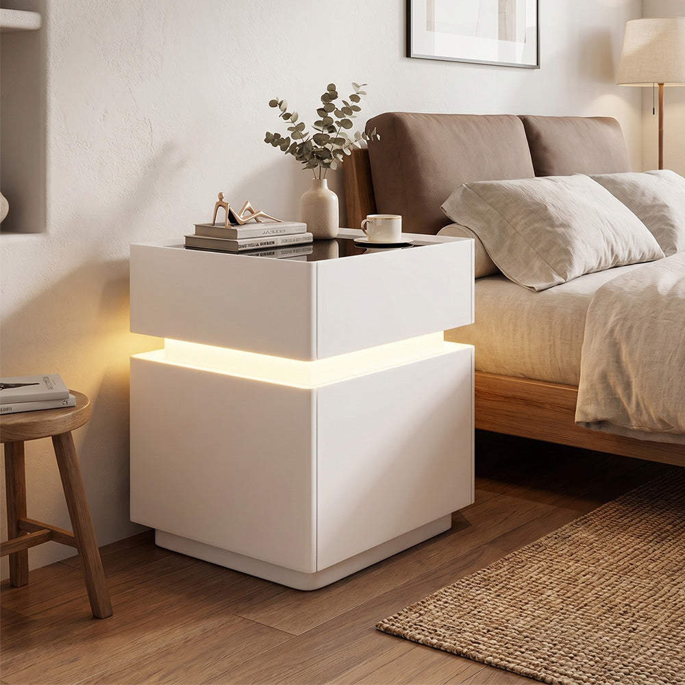 Modern LED Nightstand with Glass Top 2 Drawers Smart Bedside Table High Gloss White Design