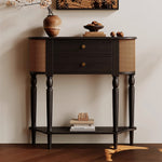 Load image into Gallery viewer, 35.4'' Modern Entryway Console Table with Rattan Panels Black Wood Hallway Table with 2 Drawers &amp; Lower Shelf Decorative Accent Table
