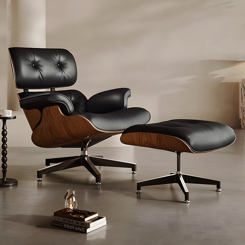 Mid Century Modern Lounge Chair Faux Leather Upholstery Walnut Wood Veneer Recliner Armchair