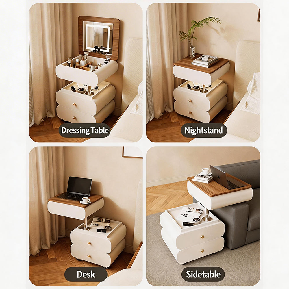 Convertible Vanity Desk with LED Mirror Transforms into Nightstand Height Adjustable Makeup Table with Storage Drawers