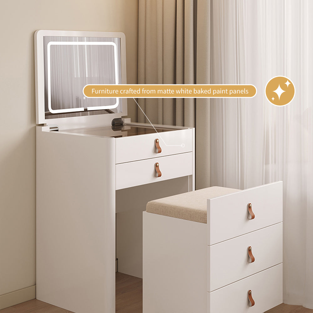 Functional Makeup Vanity Built-in Mirror Organized Storage Drawers Rolling Stool