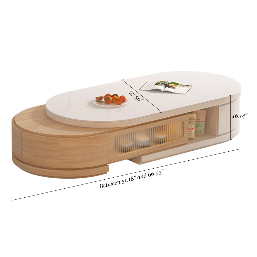 Modern Natural Wood & White Extendable Oval Coffee Table with Stone Top and Hidden