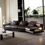 Load image into Gallery viewer, Modern Low-Profile Leather Sofa Deep Brown Upholstery with Wide Armrests &amp; Metal Legs
