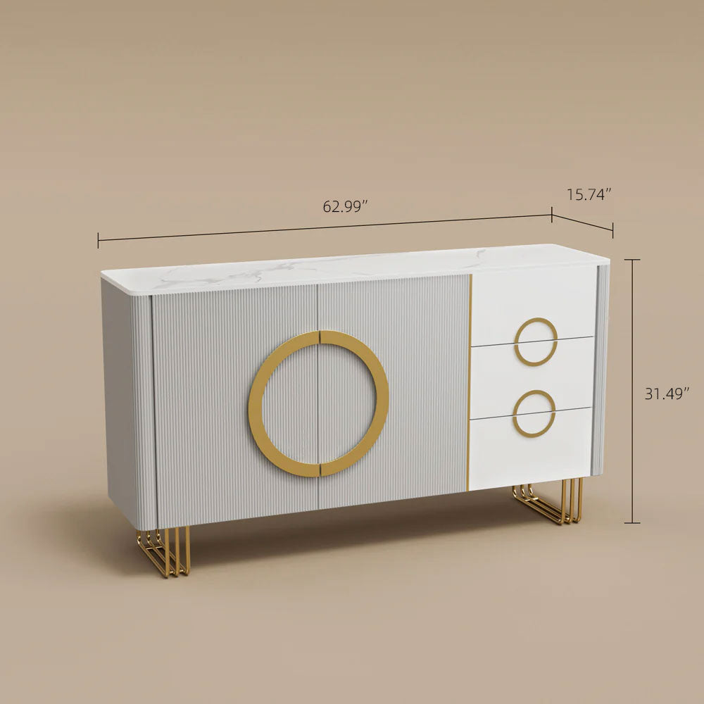 62.4" Sleek Modern White and Gold Buffet Cabinet with Circular Accents