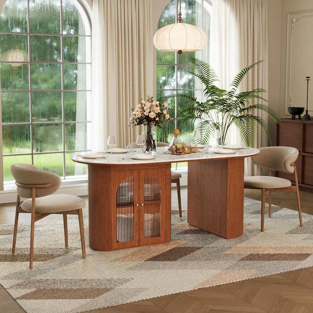 70"/78"Modern Dining Table with Stone Top & Storage Cabinet Scratch-Resistant Surface Double-Door Design and Solid Wood Legs