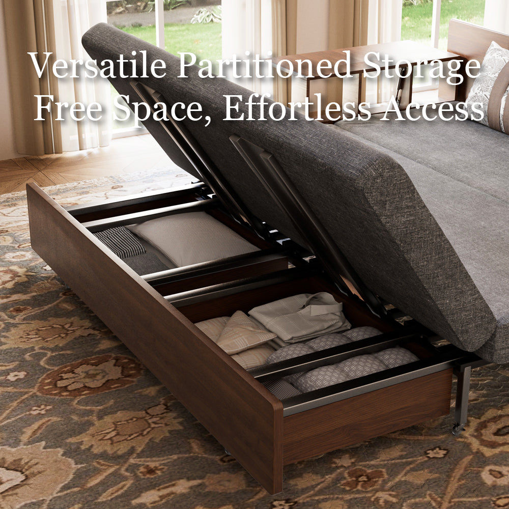 Sofa bed with lift-up top fully elevated to expose deep storage compartment