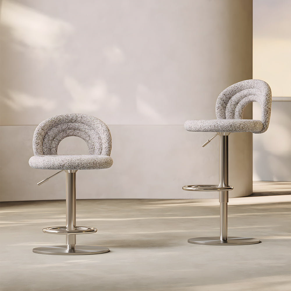 1 Piece Modern Boucle Adjustable Bar Stool with Sculptural Backrest and Stainless Steel Base