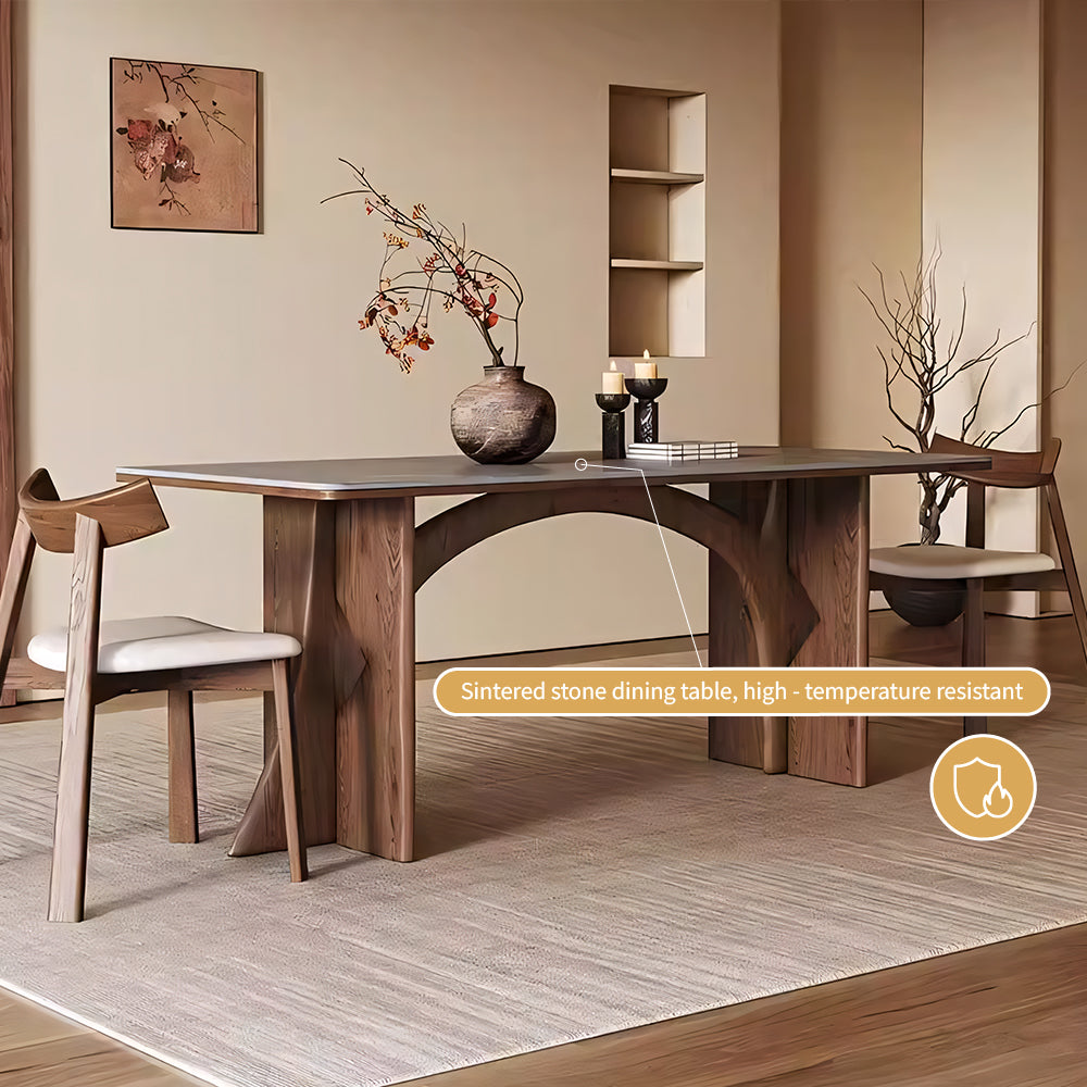 Dining Table Stone-Look Ceramic Top Solid Wood Base Modern Minimalist Design