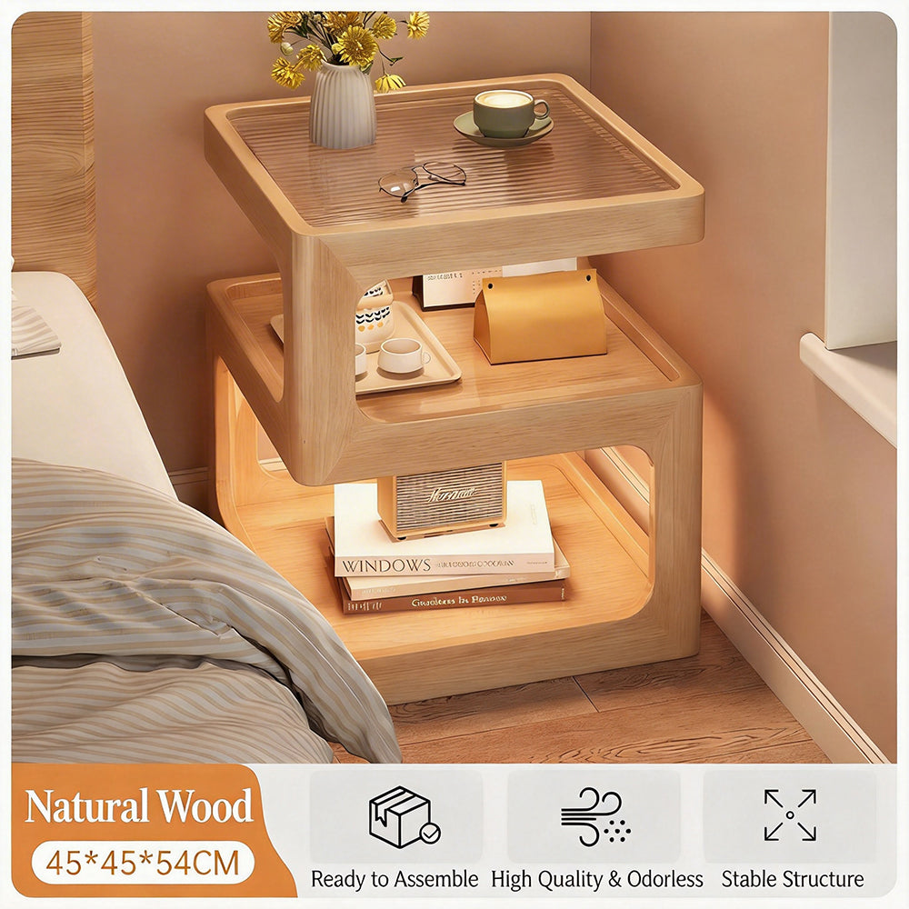 Modern Solid Wood Bedside Table with Fluted Glass Top Multi Layer Storage Nightstand