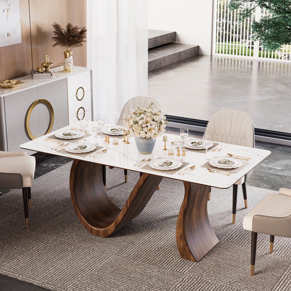 Walnut S-Base Marble-Effect Round Dining Table + White & Gold Circular-Accent Buffet Cabinet Set