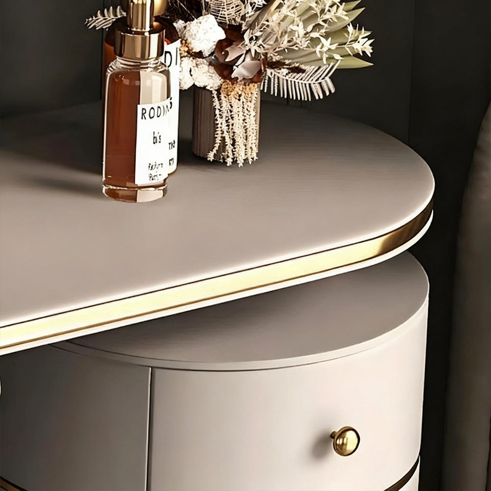47.2'' Modern Luxury Vanity Desk with Round Mirror Cream Finish Makeup Table with Storage Drawers and Gold Base with Stool