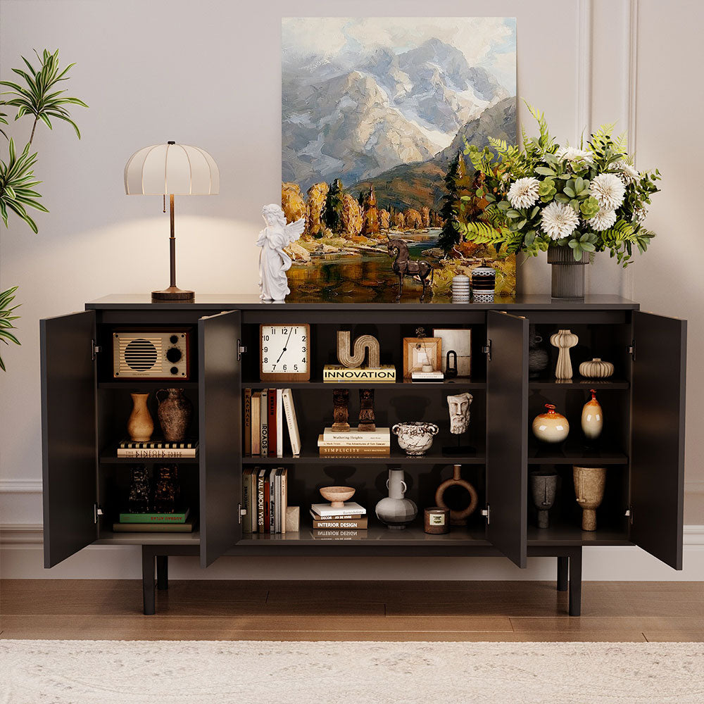 62.9'' Modern Black & Natural Wood Sideboard Cabinet with Decorative Slatted Doors