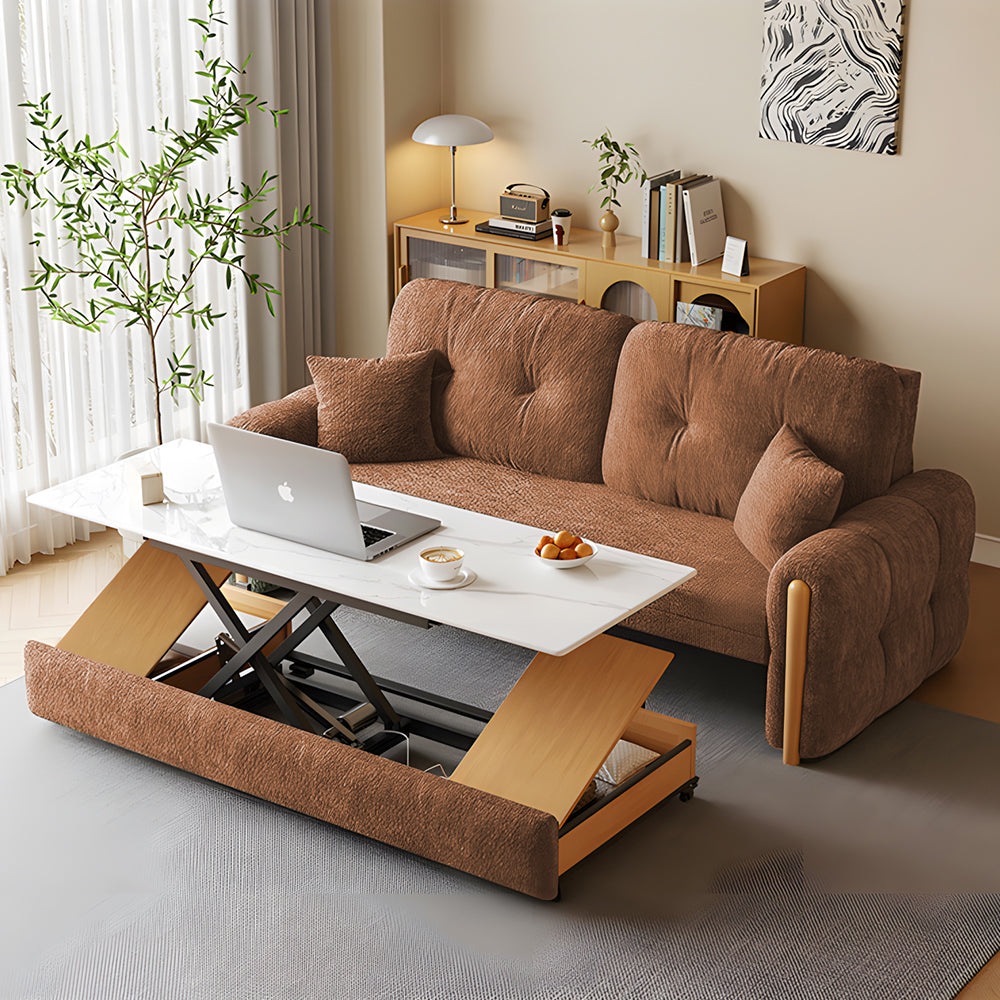 convertible sofa bed showing sleek profile and integrated lift coffee table