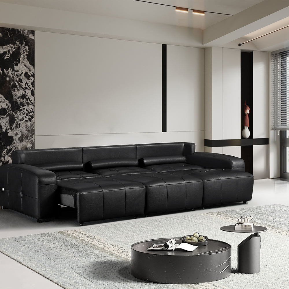 130.7'' Modern Power Reclining Sectional Sofa Black Genuine Leather Deep Seat Electric Lounge Sofa with Chaise