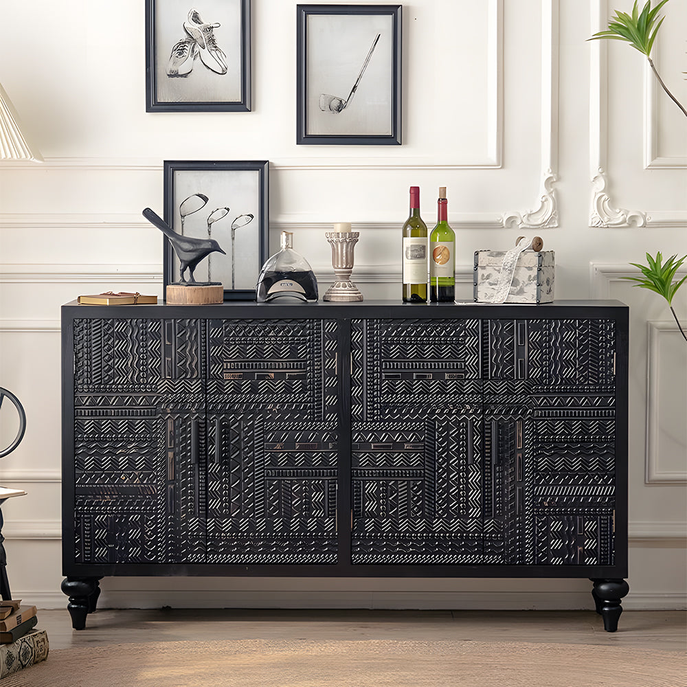 61.4'' Black Textured Sideboard Cabinet with Decorative Carved Doors