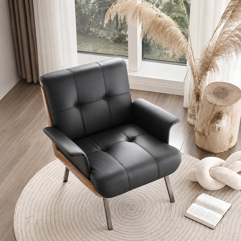 Contemporary Black Leather Lounge Chair with Warm Walnut Wood Details