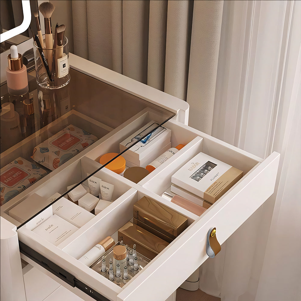 Functional Makeup Vanity Built-in Mirror Organized Storage Drawers Rolling Stool
