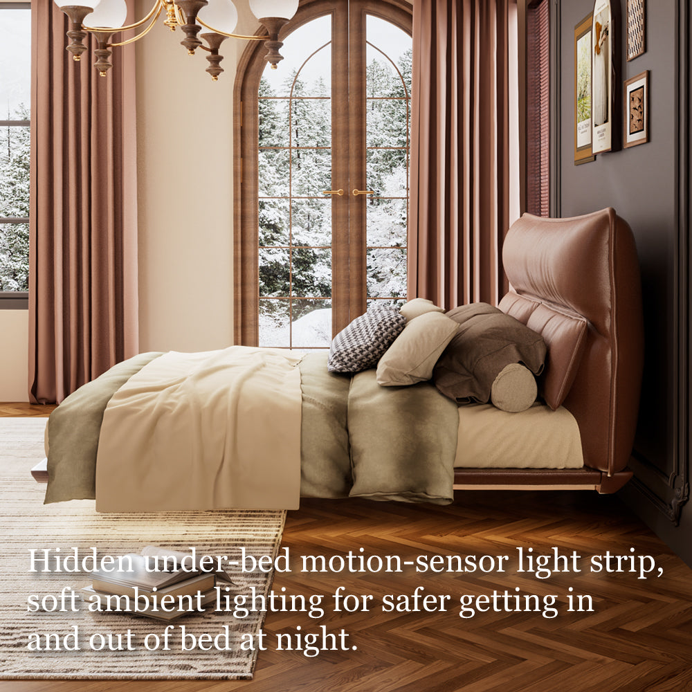 Luxury Floating Upholstered Platform Bed with LED Ambient Lighting & Cushioned Headboard