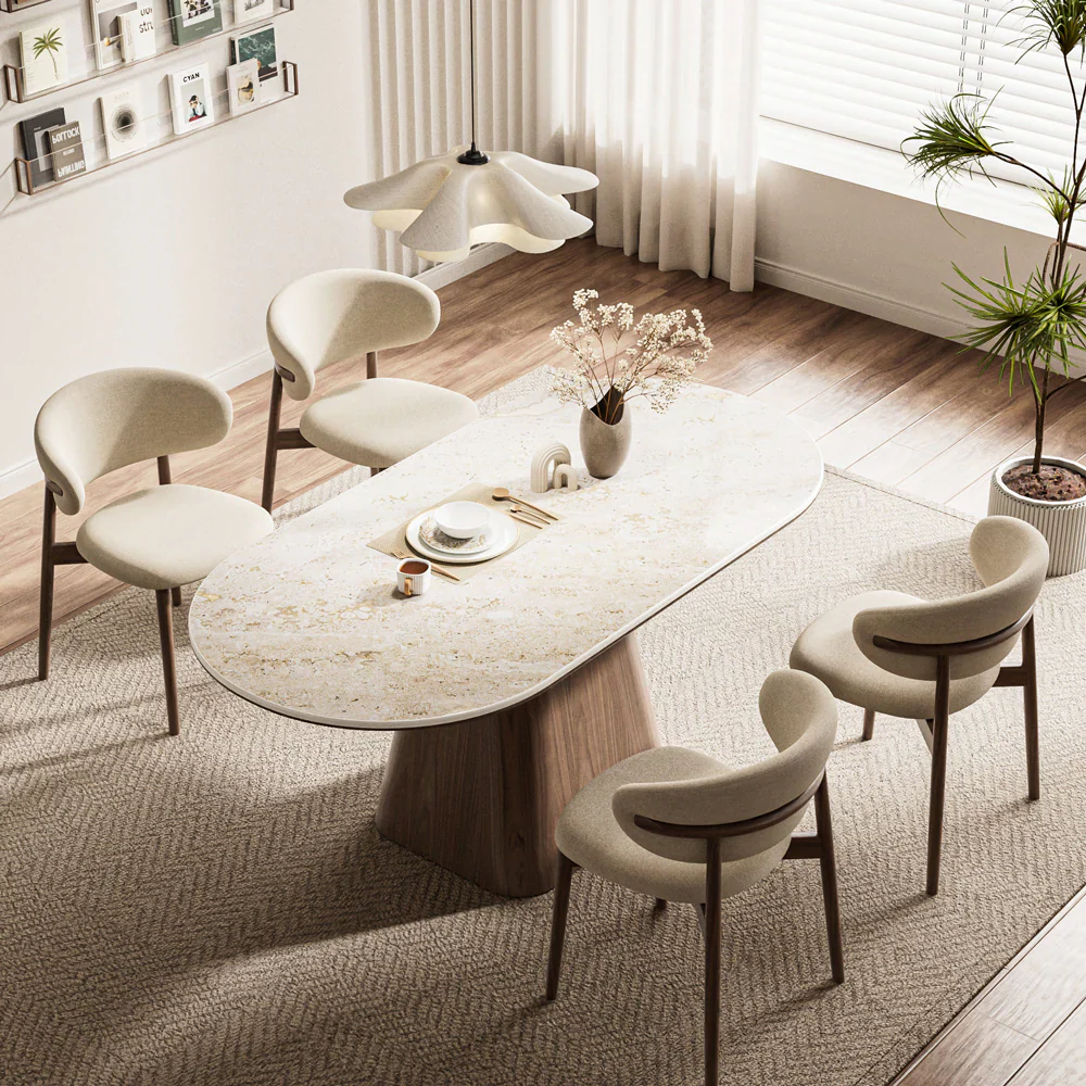 Oval Dining Table Solid Wood Walnut Veneer Base Scratch Resistant Sintered Stone Top Modern Stylish Design
