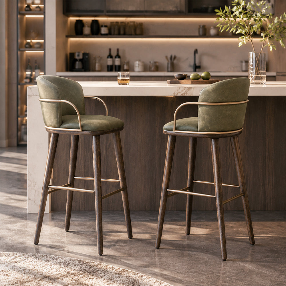 Modern Upholstered Bar Stool with Curved Backrest Gold Arm Detail Wooden Legs Counter Chair 1 Piece