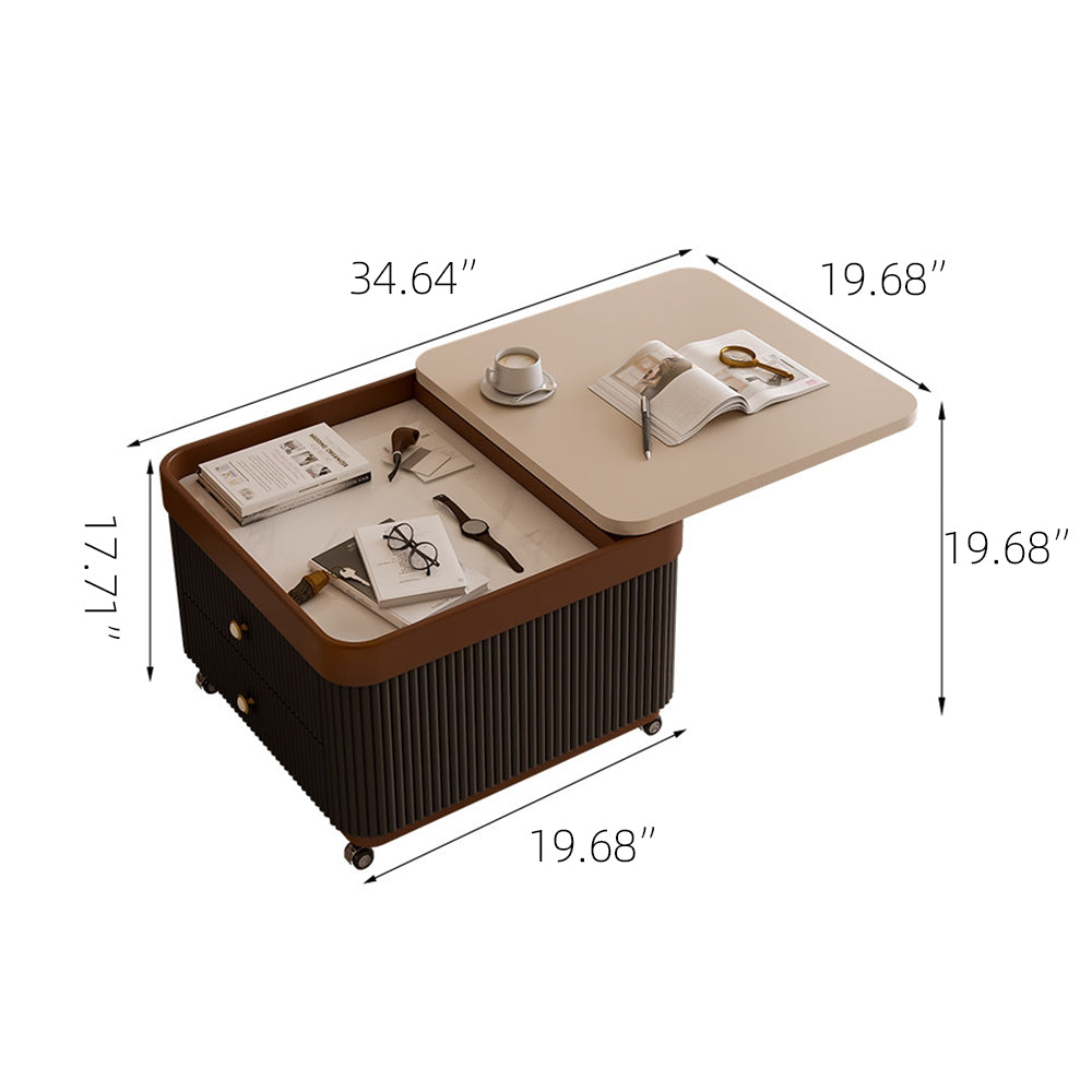Modern Rolling Side Table with Hidden Storage Drawers and Sliding Top Design