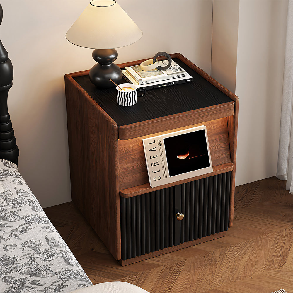 Modern Walnut Nightstand with Fluted Cabinet Door and Open Storage Shelf