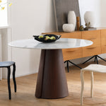 Load image into Gallery viewer, Modern Round Dining Table with Walnut Veneer Top &amp; Travertine-Inspired Pedestal Base
