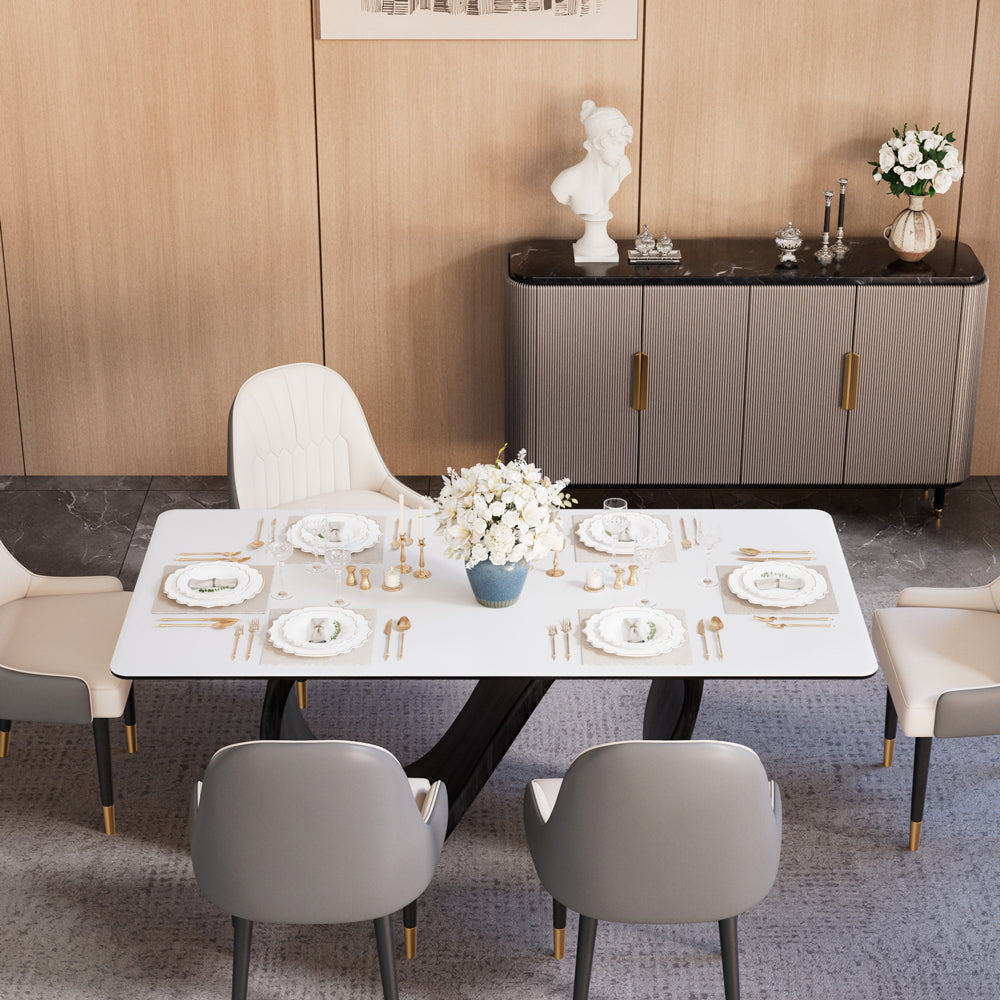 Modern Luxury Dining Set S-Shaped Walnut Base Marble-Effect Table × Gray & Gold Sideboard