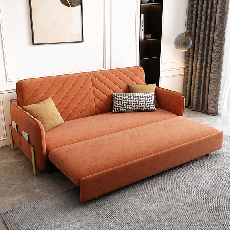 Close-up of sofa bed’s velvet upholstery and tufted seat design