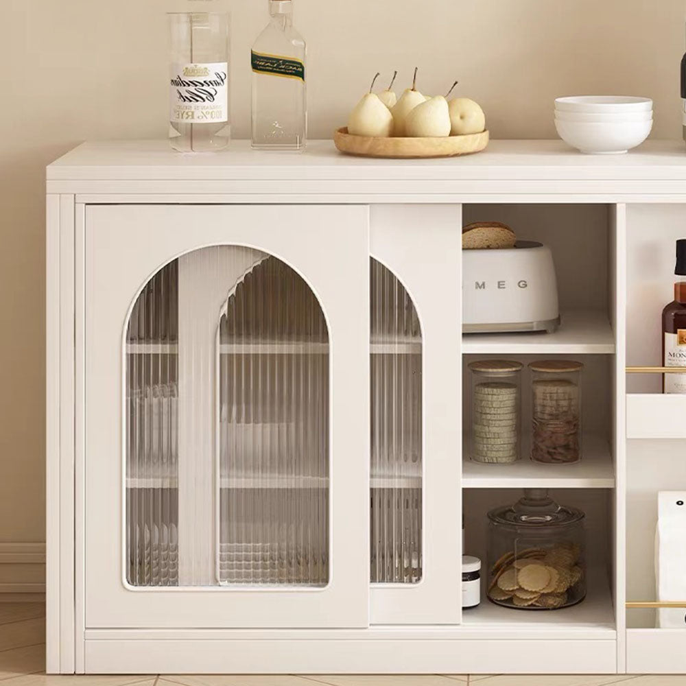 Multi-Functional Dining Table Rotating & Foldable Sideboard Sintered Stone Top Storage Cabinet with Fluted Glass Doors