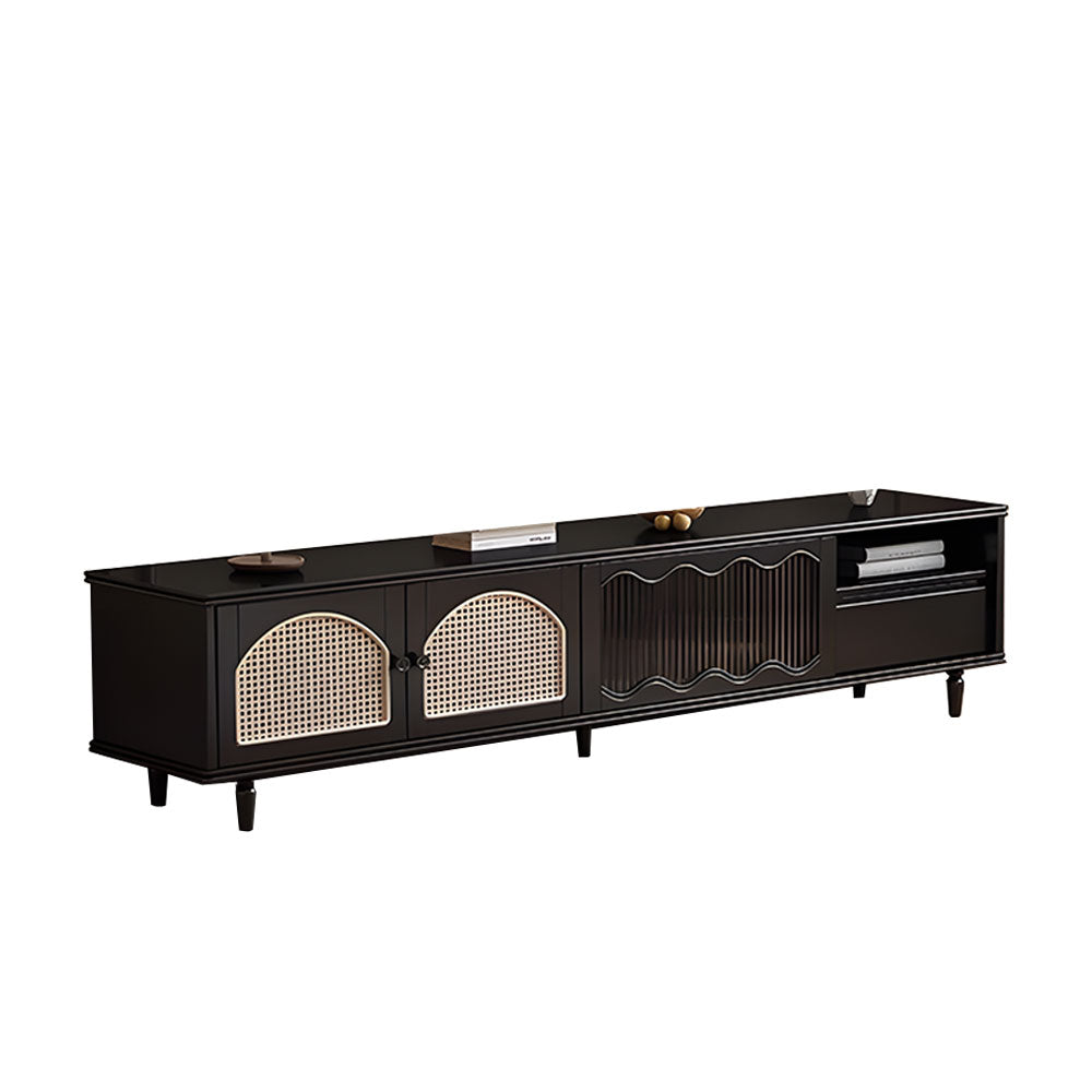 Mid-Century Modern TV Cabinet Cane and Ribbed Glass Design Elegant Wooden Entertainment Center