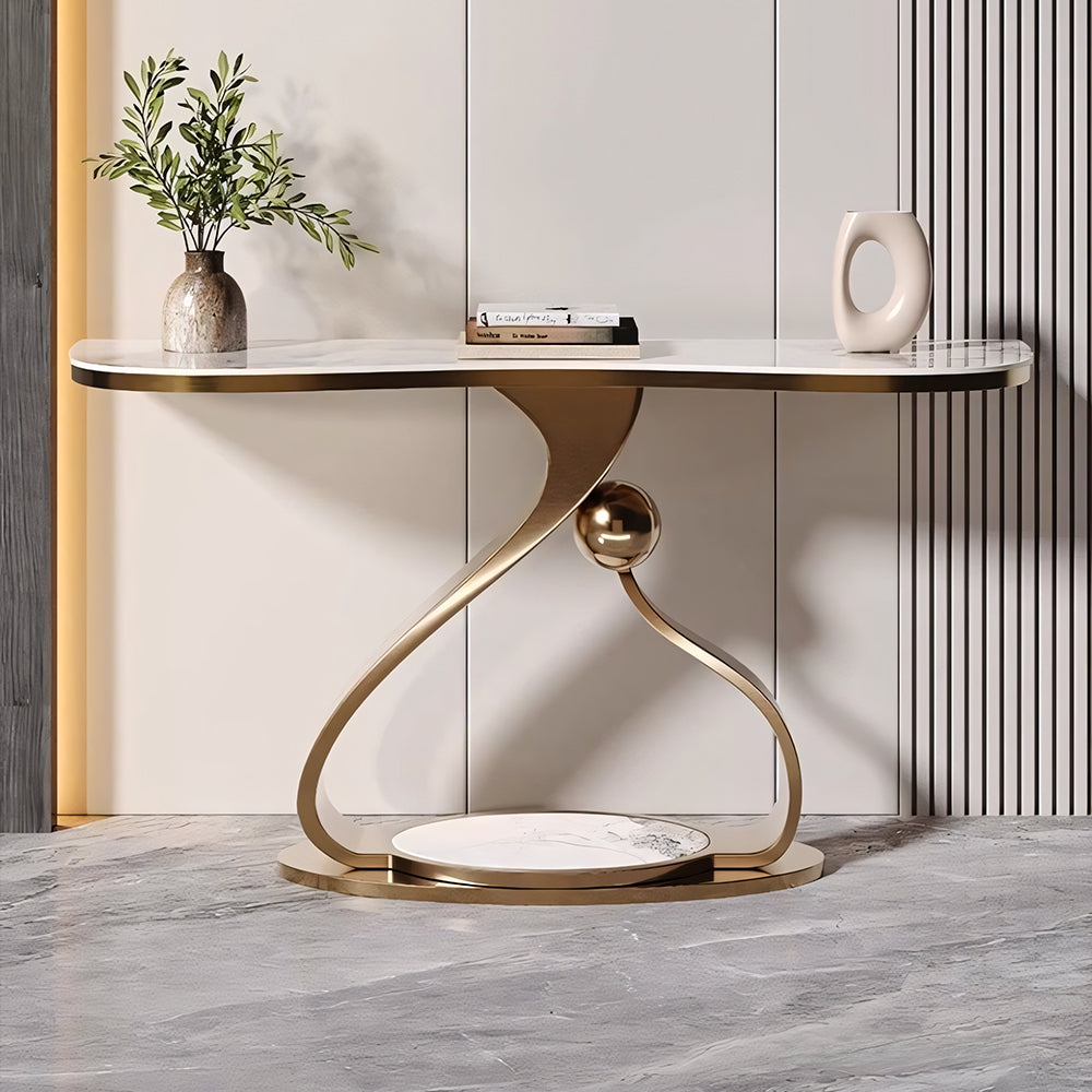 Modern Sintered Stone Entryway Console Table with Gold Sculptural Metal Base