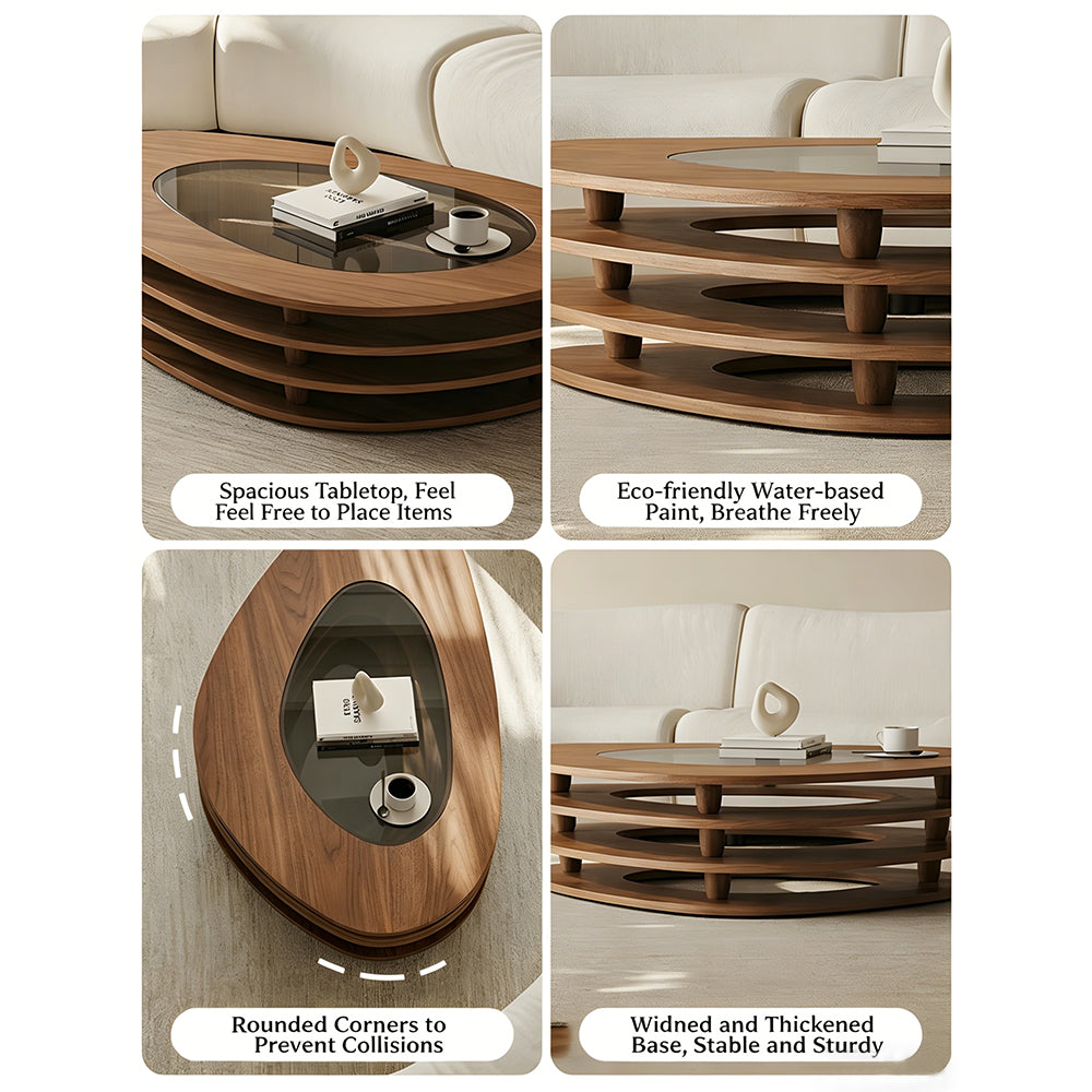 Modern Oval Wood Coffee Table with Glass Inlay Sculptural Layered Base