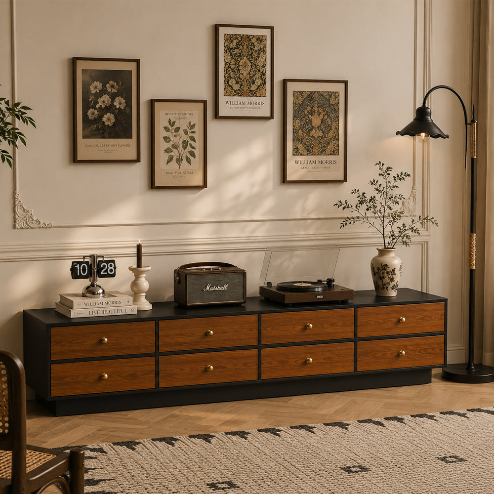 86.6'' Modern Walnut Low Profile TV Stand with Drawers Mid Century Media Console