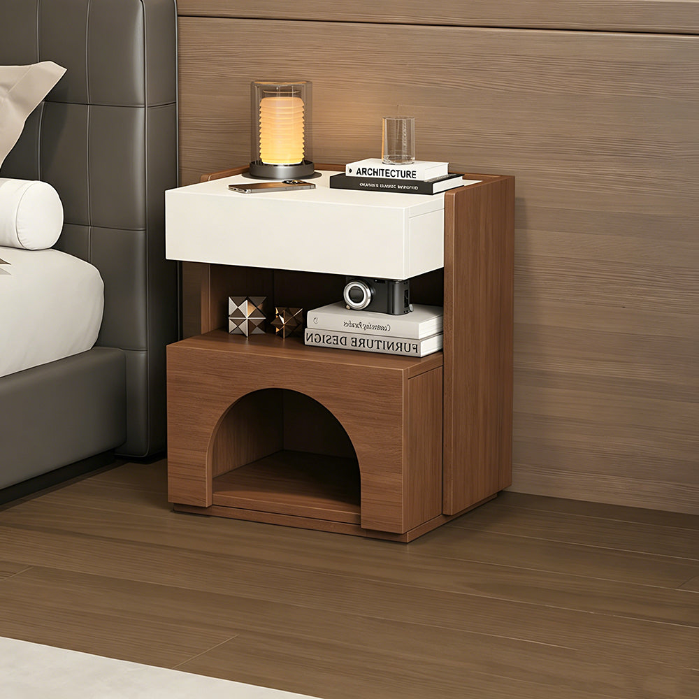 Modern Nightstand with Drawer and Open Shelf Wooden Bedside Table with Built-in Pet House Contemporary Storage Cabinet