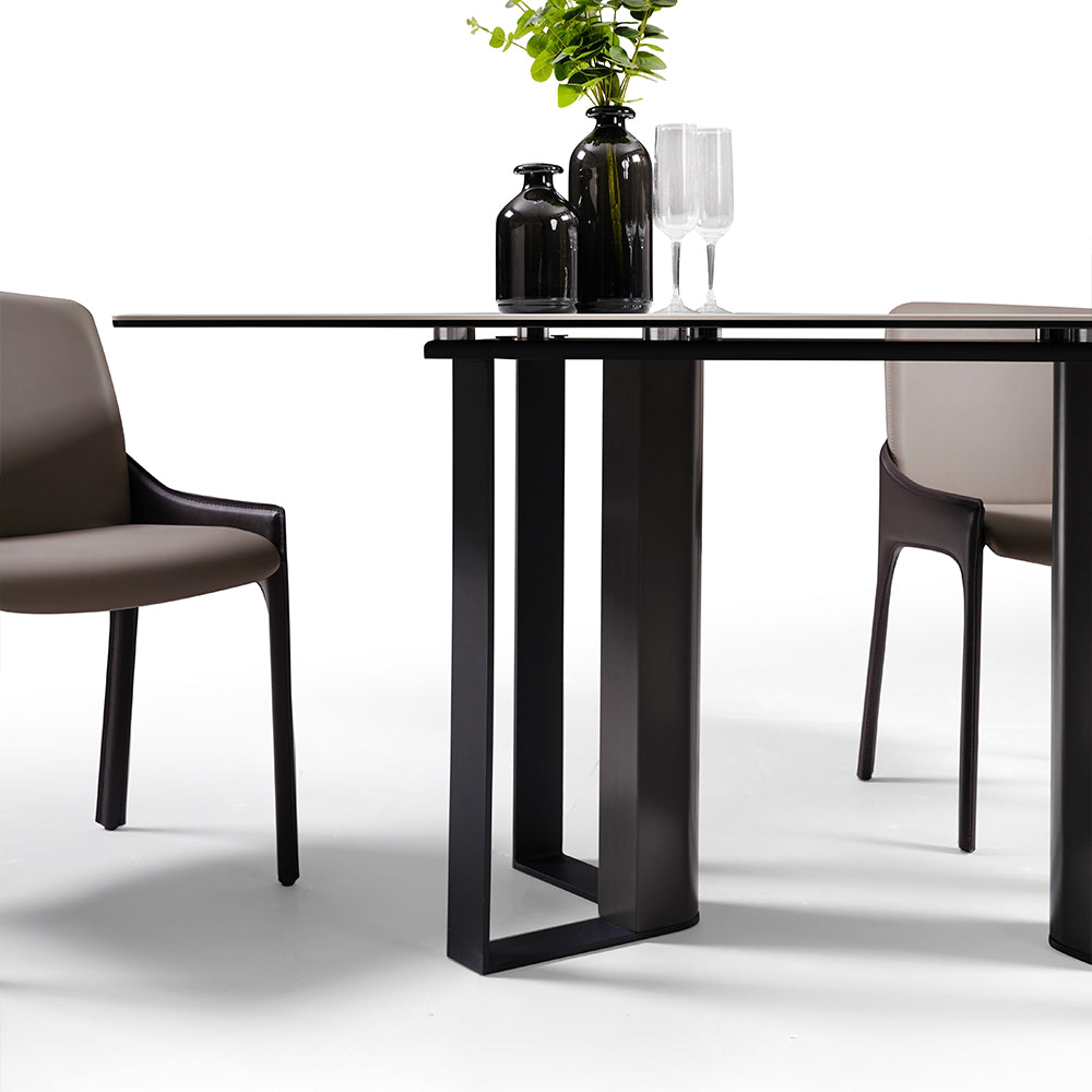 Modern White Sintered Stone Dining Table with Black Geometric Carbon Steel Base