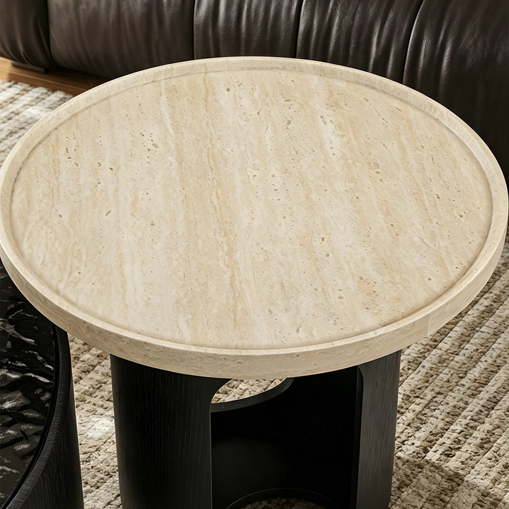 Modern Round Coffee Table Set with Textured Black Top and Open Storage Side Table