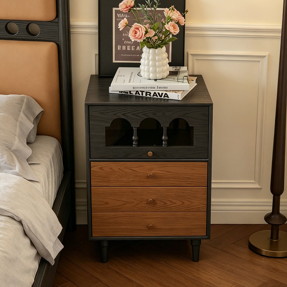 Modern Walnut Nightstand with Mirrored Drawer Mid Century Bedside Table