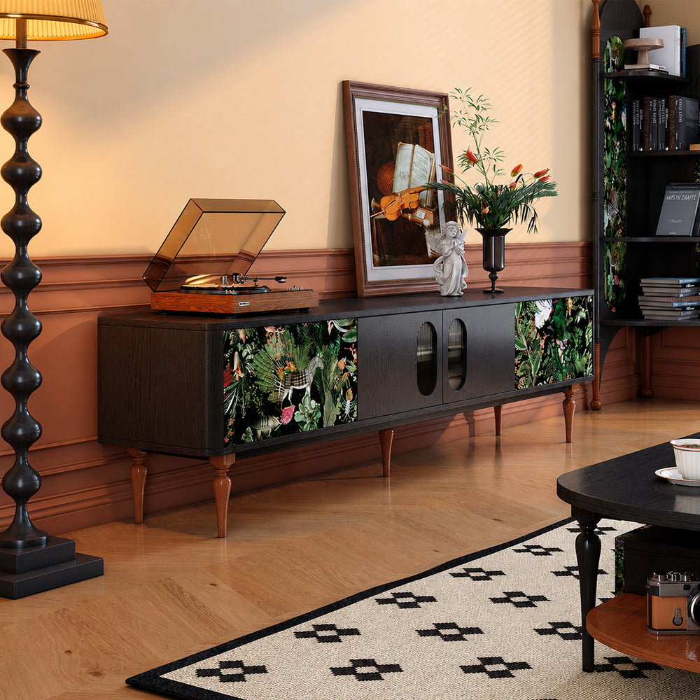 82.6" Jungle Print Mid Century Wood TV Stand