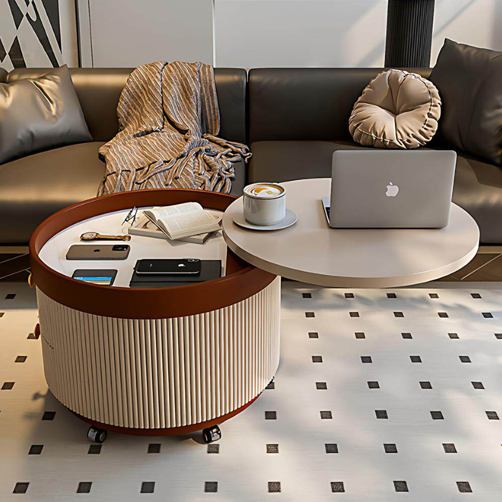 Modern Round Side Table with Hidden Storage and Drawers on Wheels