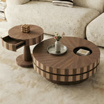 Load image into Gallery viewer, Modern Round Walnut Coffee Table Set Rotating Design Storage Drawer Stainless Steel Tray

