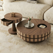 Modern Round Walnut Coffee Table Set Rotating Design Storage Drawer Stainless Steel Tray