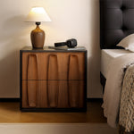 Load image into Gallery viewer, Modern Walnut Nightstand with Fluted Drawer Design Black Frame Wooden Bedside Table
